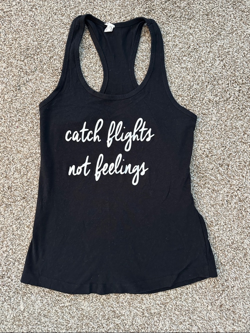 Black Graphic Racerback Tank Top - "Catch Flights Not Feelings"